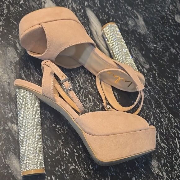 BRAND NEW KAMILA SUEDE PLATFORM RHINESTONE ANKLE STRAP HEELS SANDAL - Picture 14 of 15